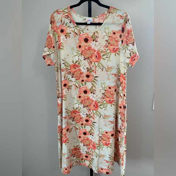 LuLaRoe Floral Short-Sleeve Swing Dress in Coral on Cream - Picture 3 of 16
